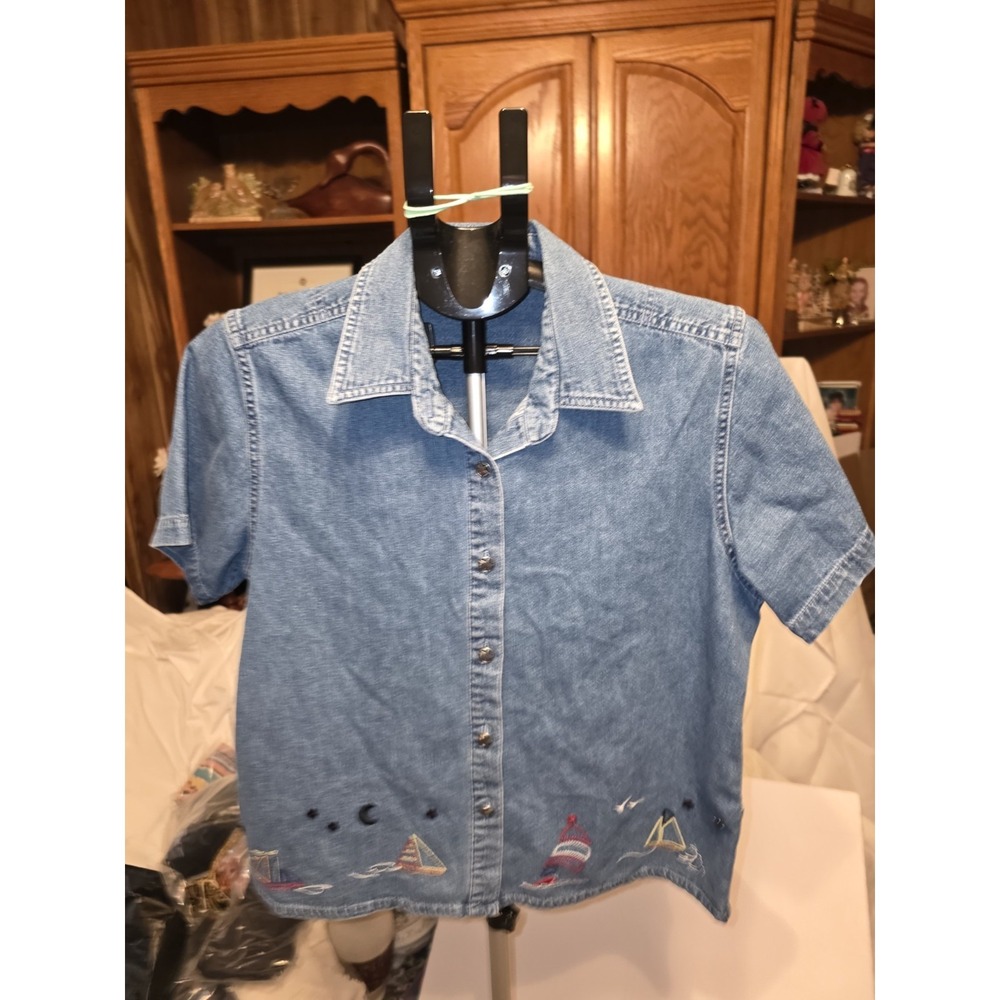 Christopher & Banks Size L Denim Jacket Shirt Sailing Theme. 23" PTP, 26" Long.
